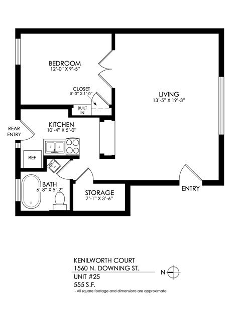 A black and white image of a floor plan for a one bedroom apartment.